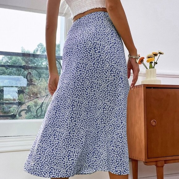 Blue Casual Womens High Waist Ditsy Floral Split Thigh Skirt - Picture 2 of 5